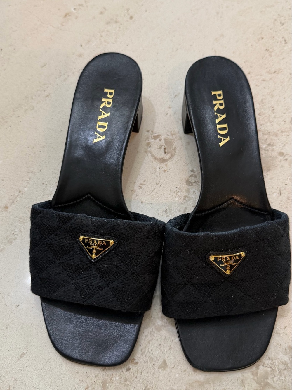 Prada Black Quilted Logo Slide Mules